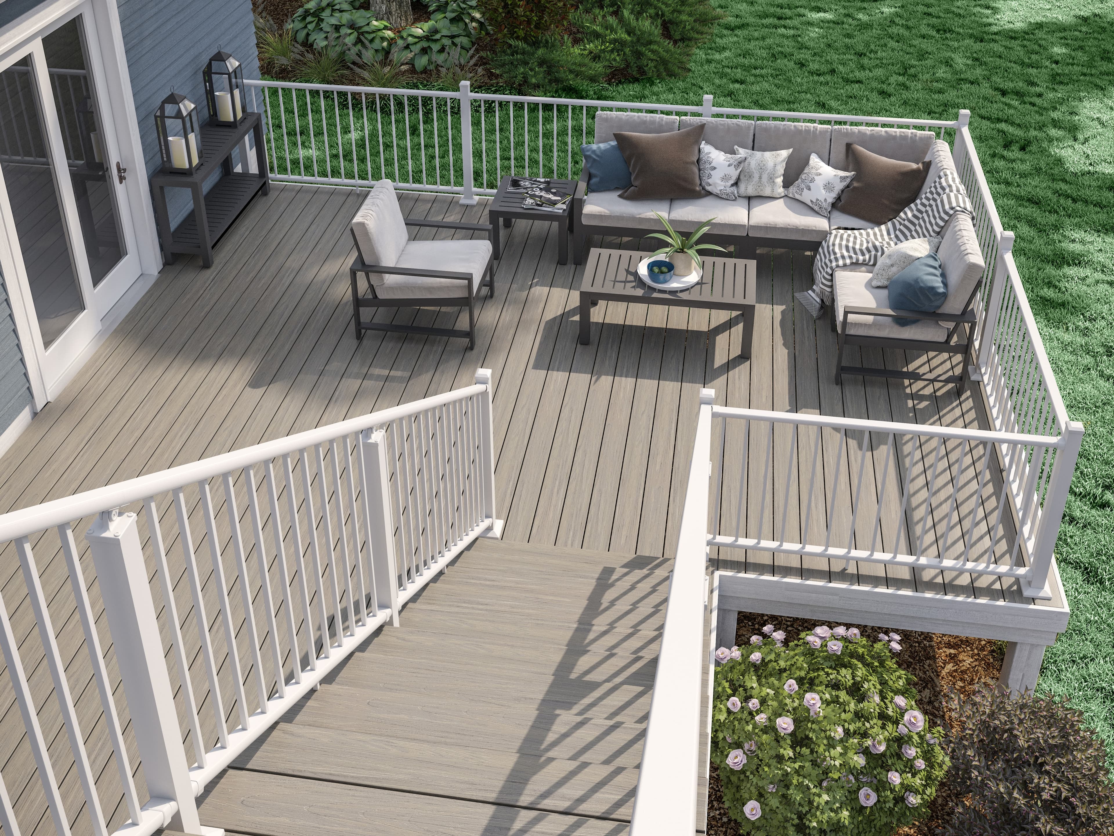 Deckorators Venture Saltwater with textured white Rapid Rail and stair brackets