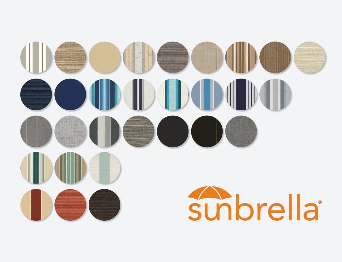Grid of Sunbrella awning fabric swatches in solids and stripes with the Sunbrella logo