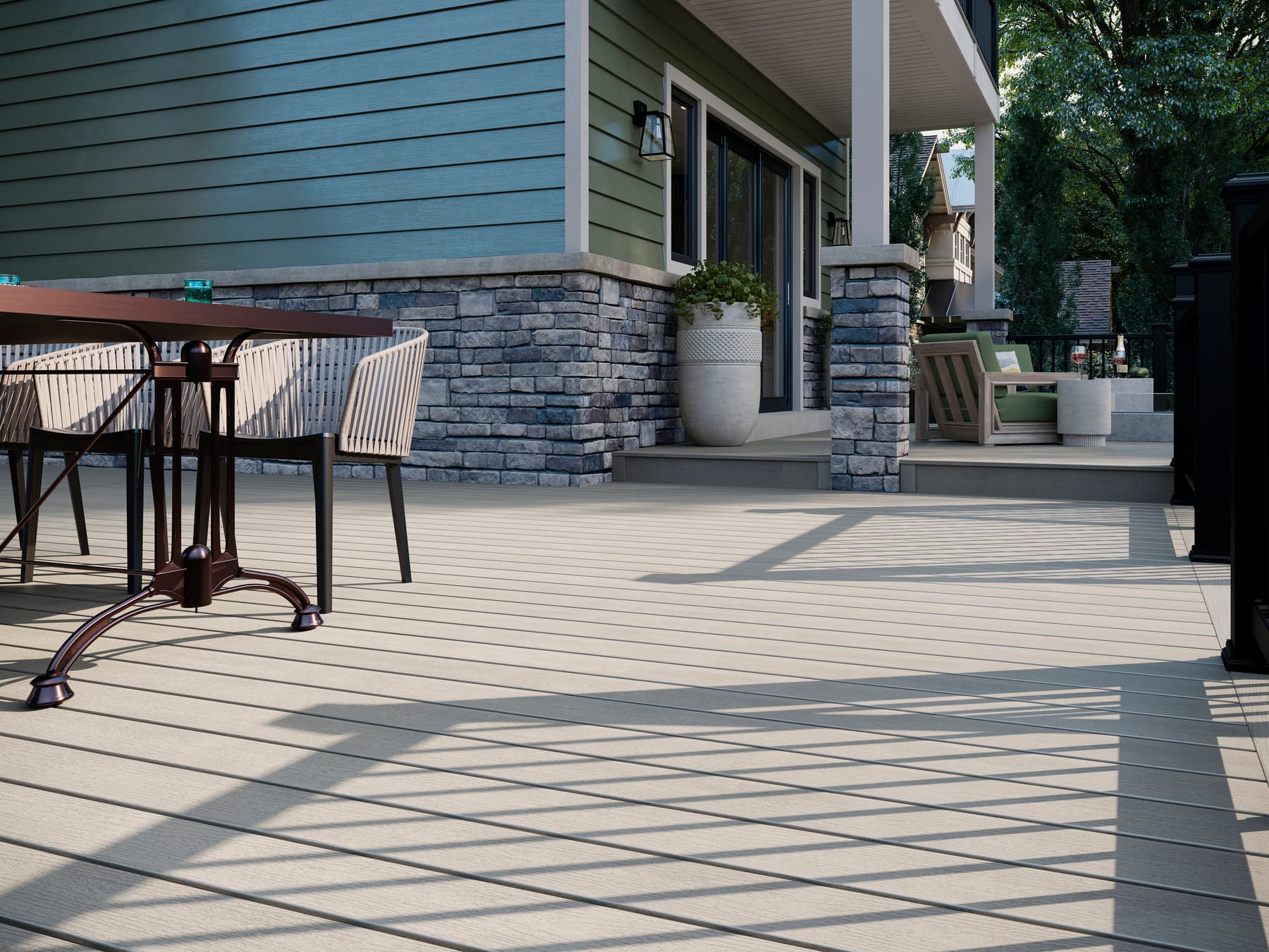 Trex Enhance Toasted Sand multi-level deck with furniture