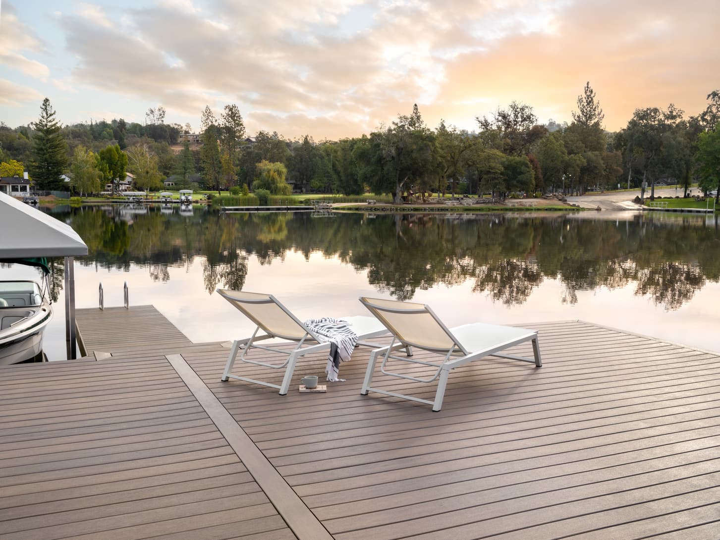 Trex Lineage Auburn decking on a lakeside dock